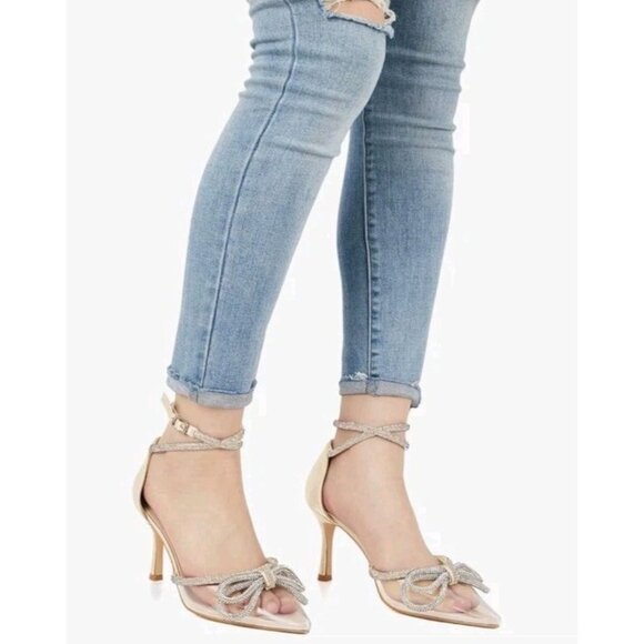 Coutgo Women's Clear Heels Closed Toe Pointed Rhinestone Heels Light Gold 8.5 - Picture 4 of 5